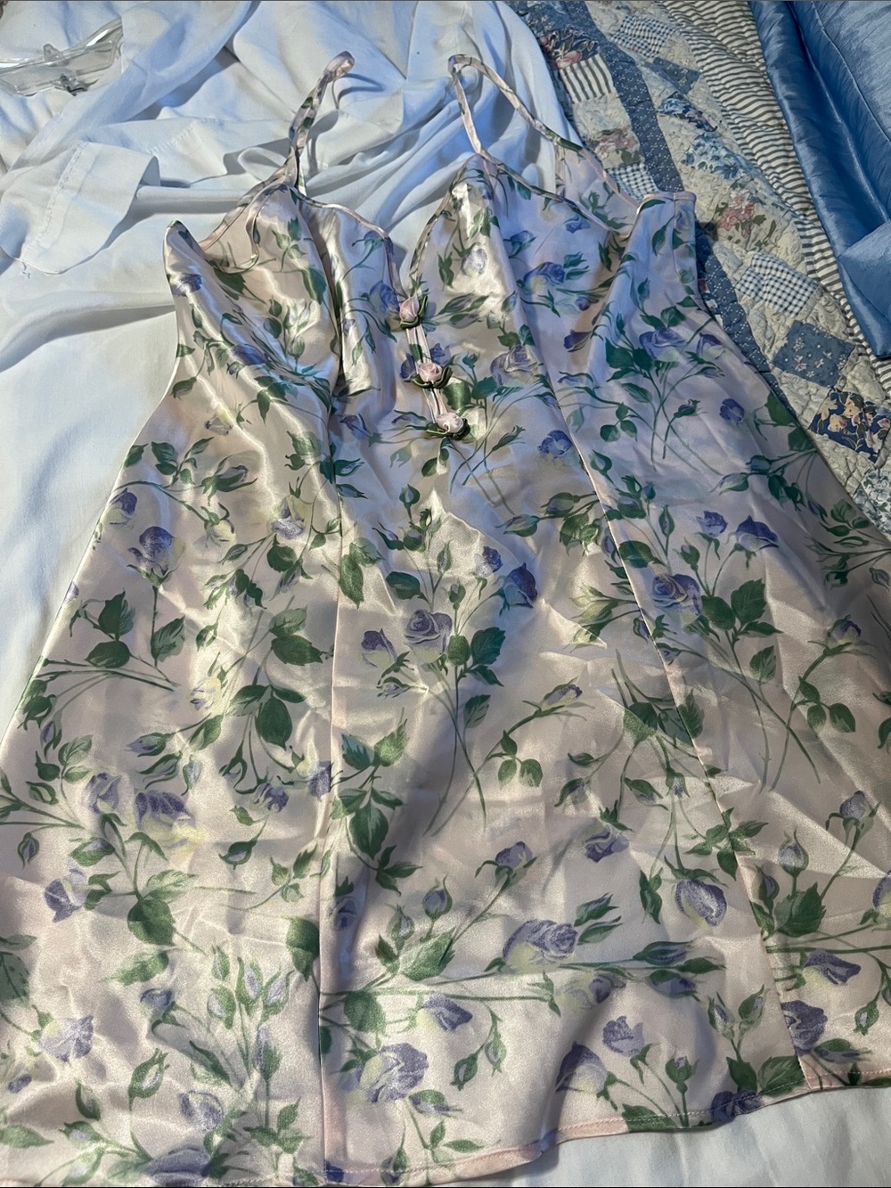 Floral Satin Slip Dress in Lilac and Green